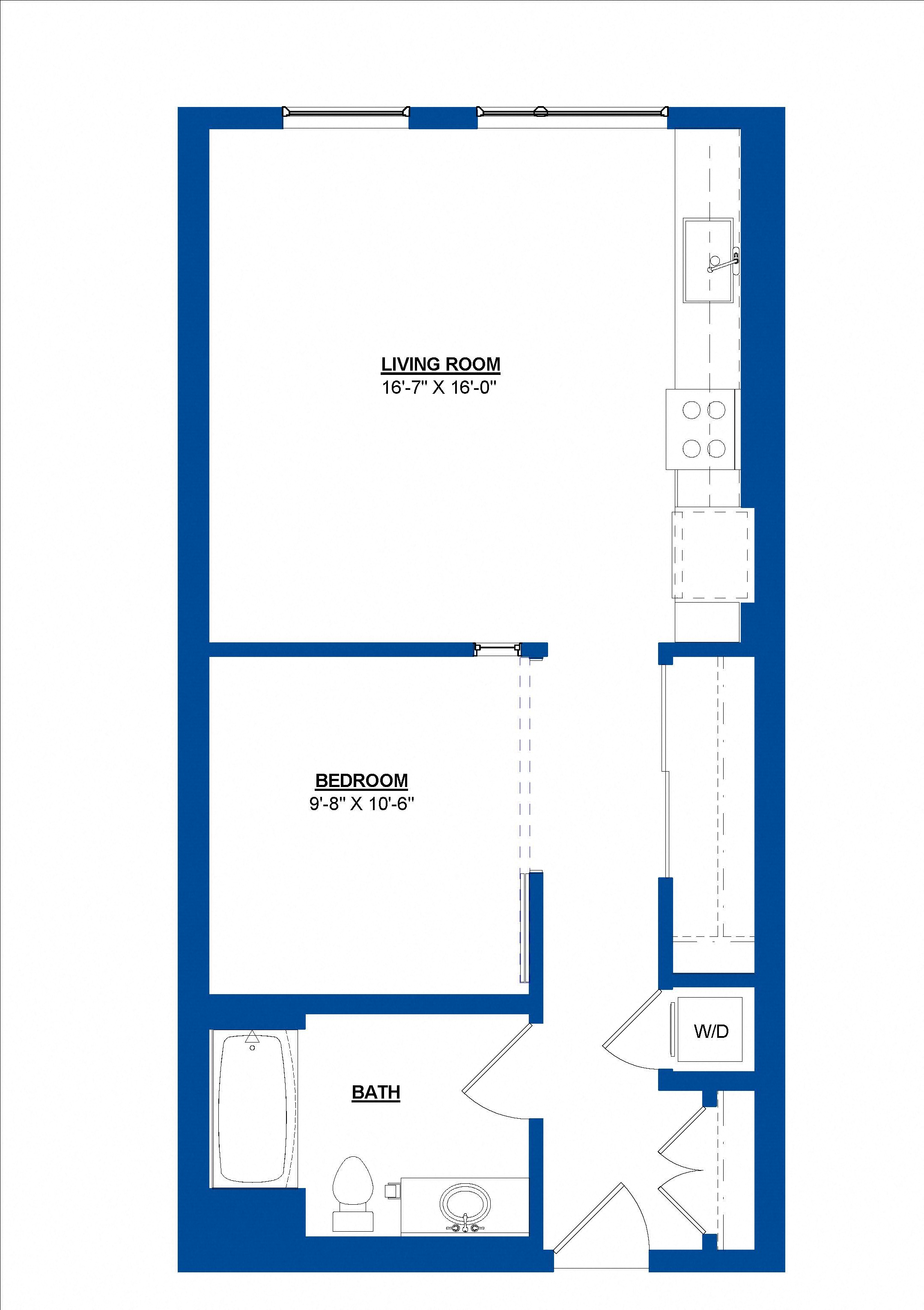 Floor plan for 1 bed, 1 bath, 651 sqft