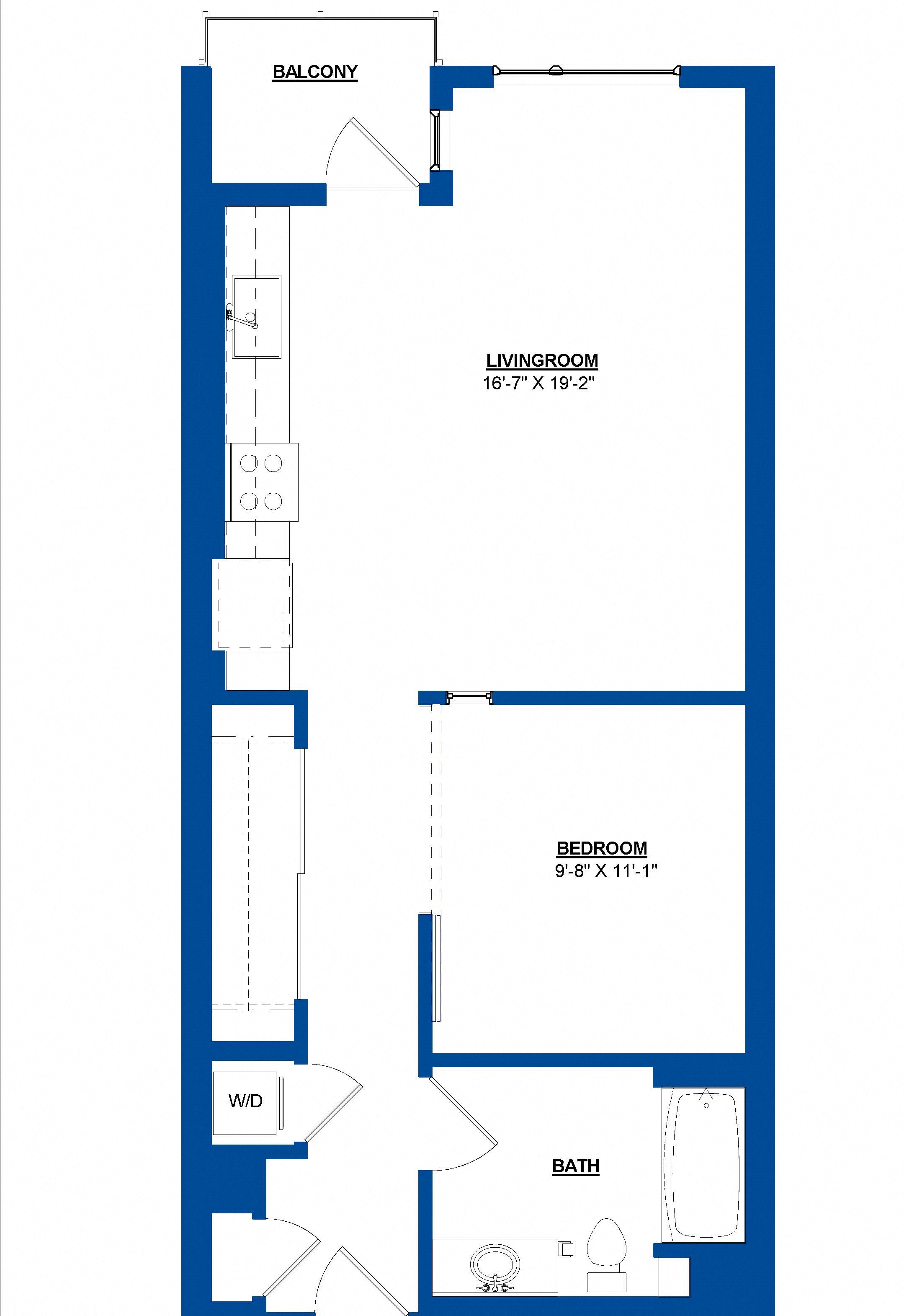 Floor plan for 1 bed, 1 bath, 724 sqft