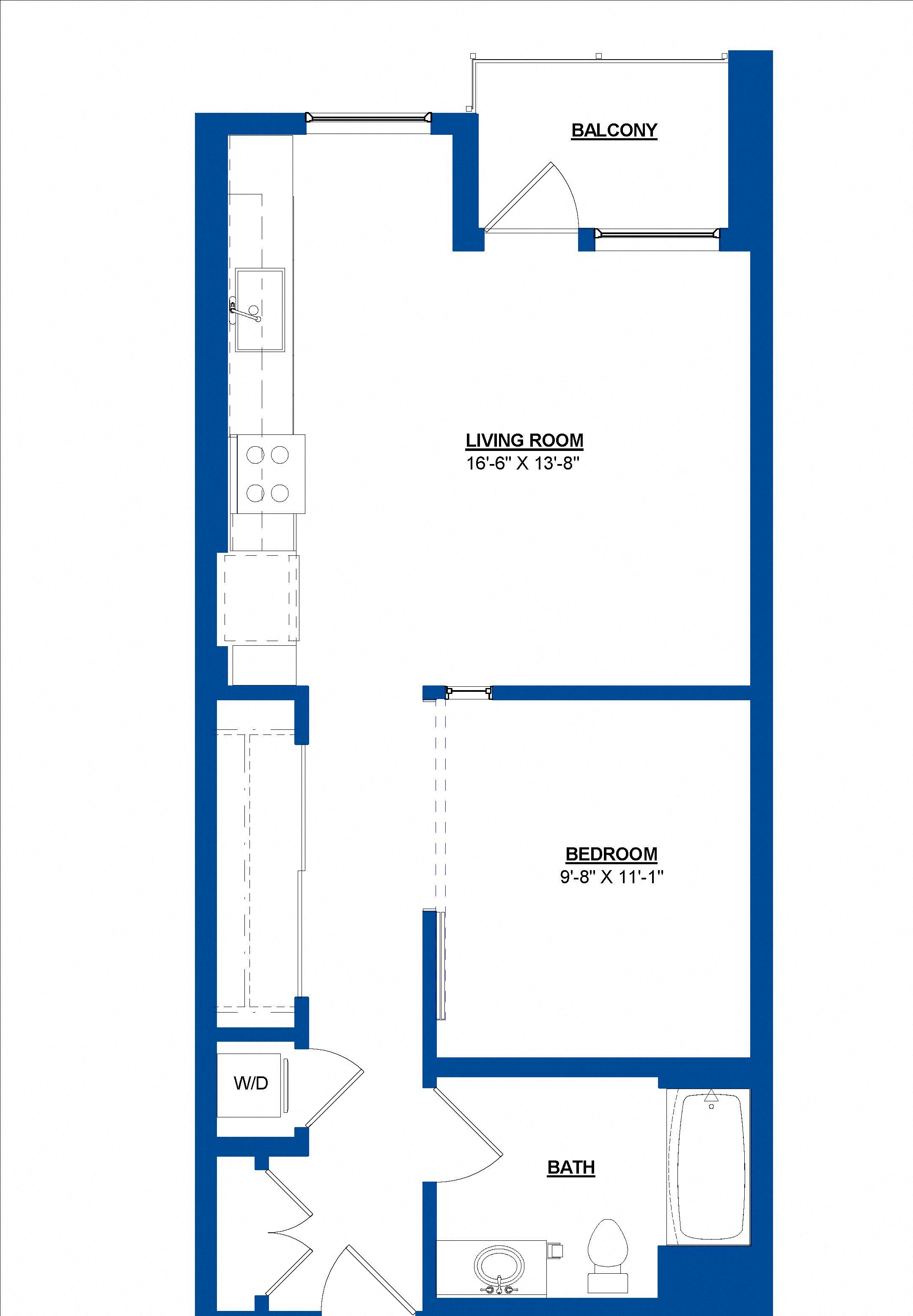 Floor plan for 1 bed, 1 bath, 655 sqft