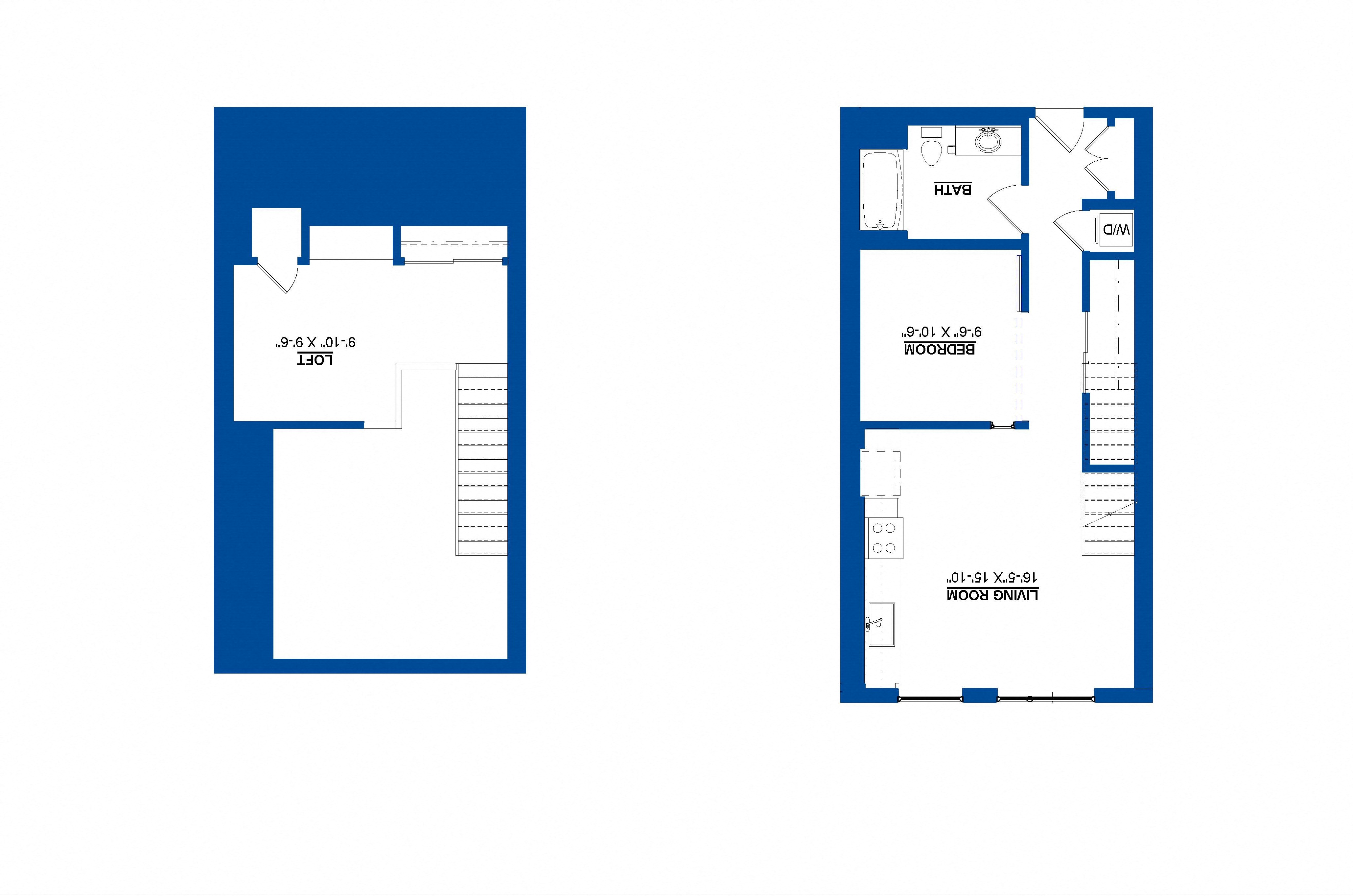 Floor plan for 1 bed, 1 bath, 779 sqft