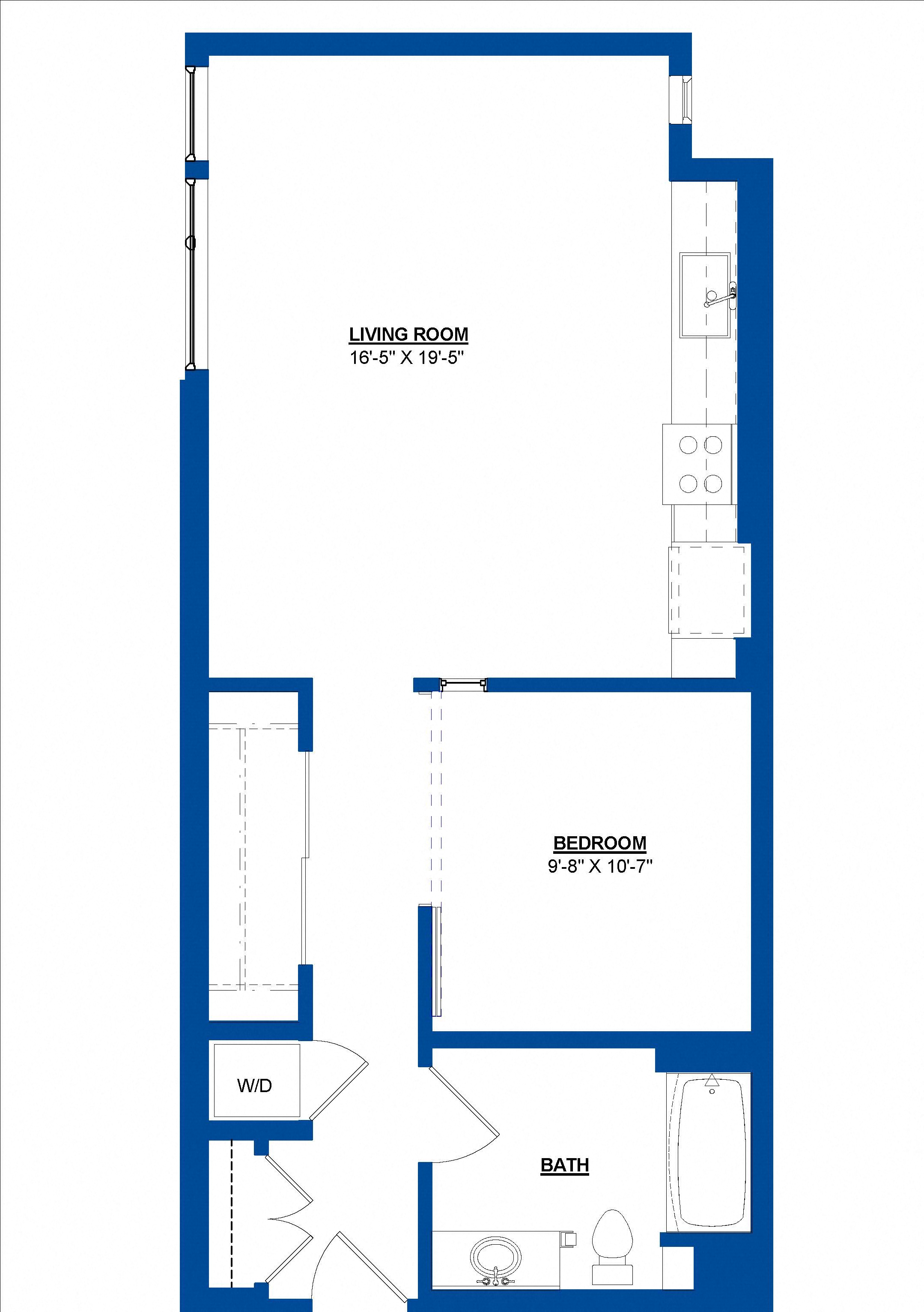 Floor plan for 1 bed, 1 bath, 713 sqft