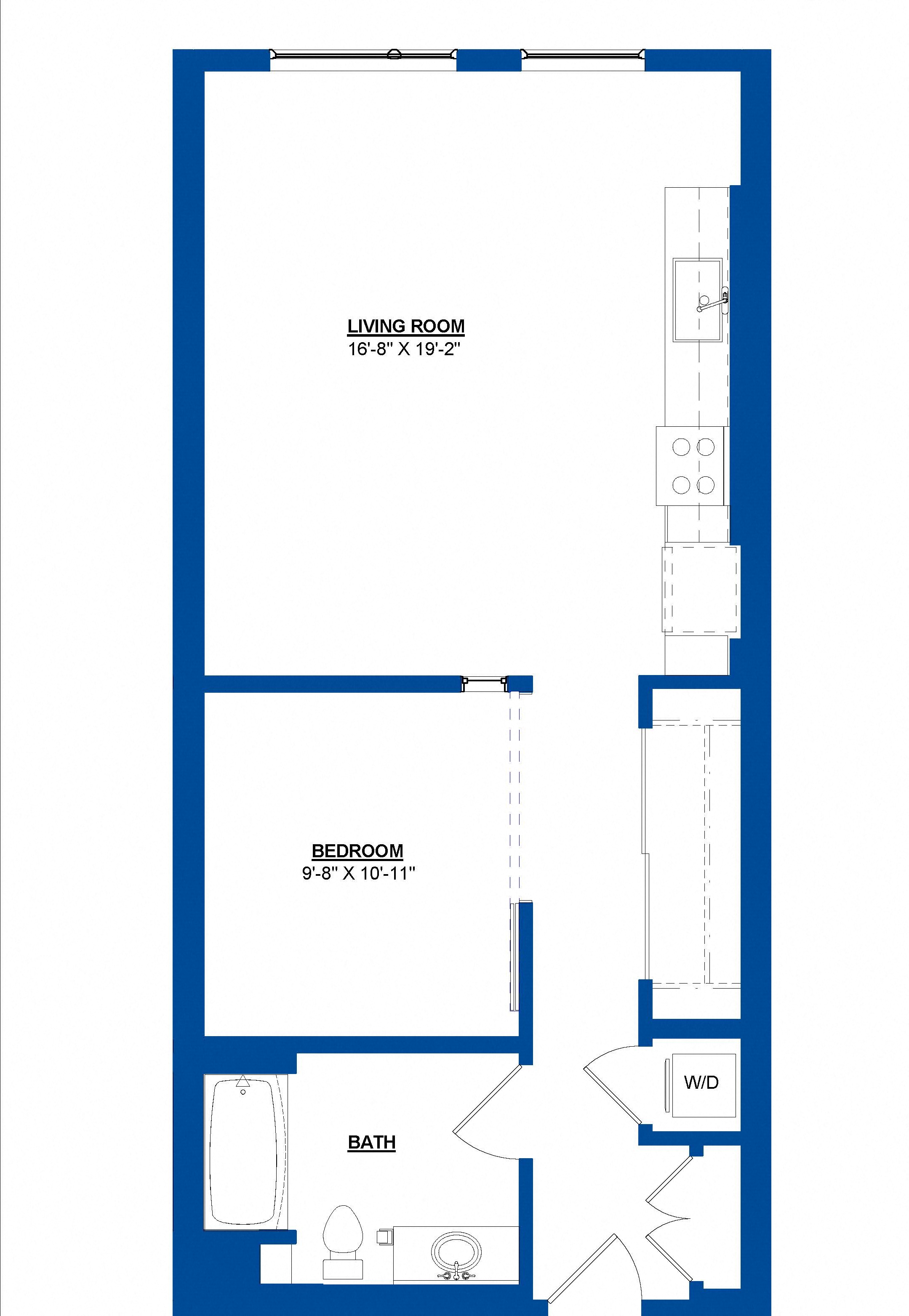 Floor plan for 1 bed, 1 bath, 652 sqft