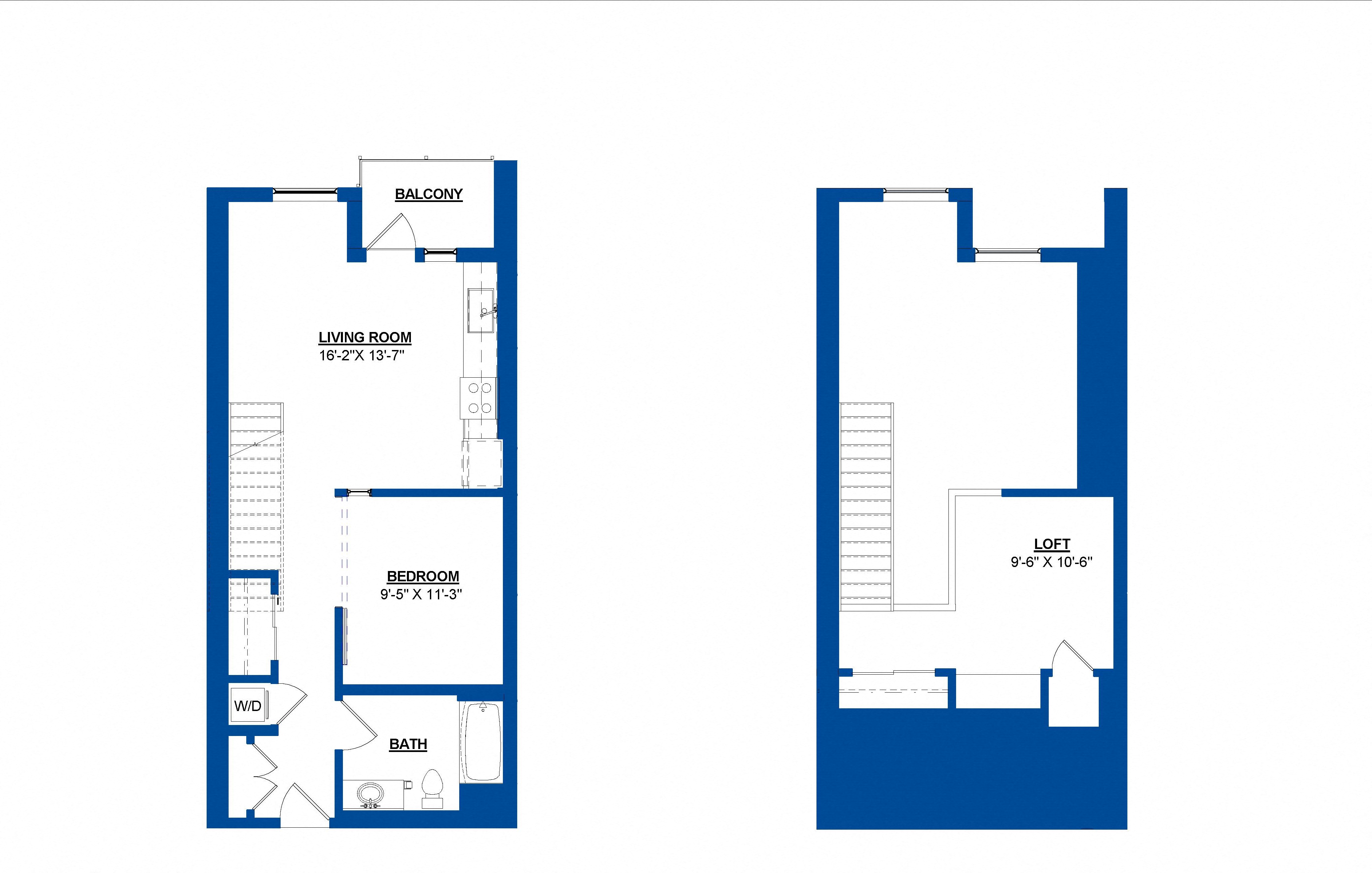 Floor plan for 1 bed, 1 bath, 869 sqft