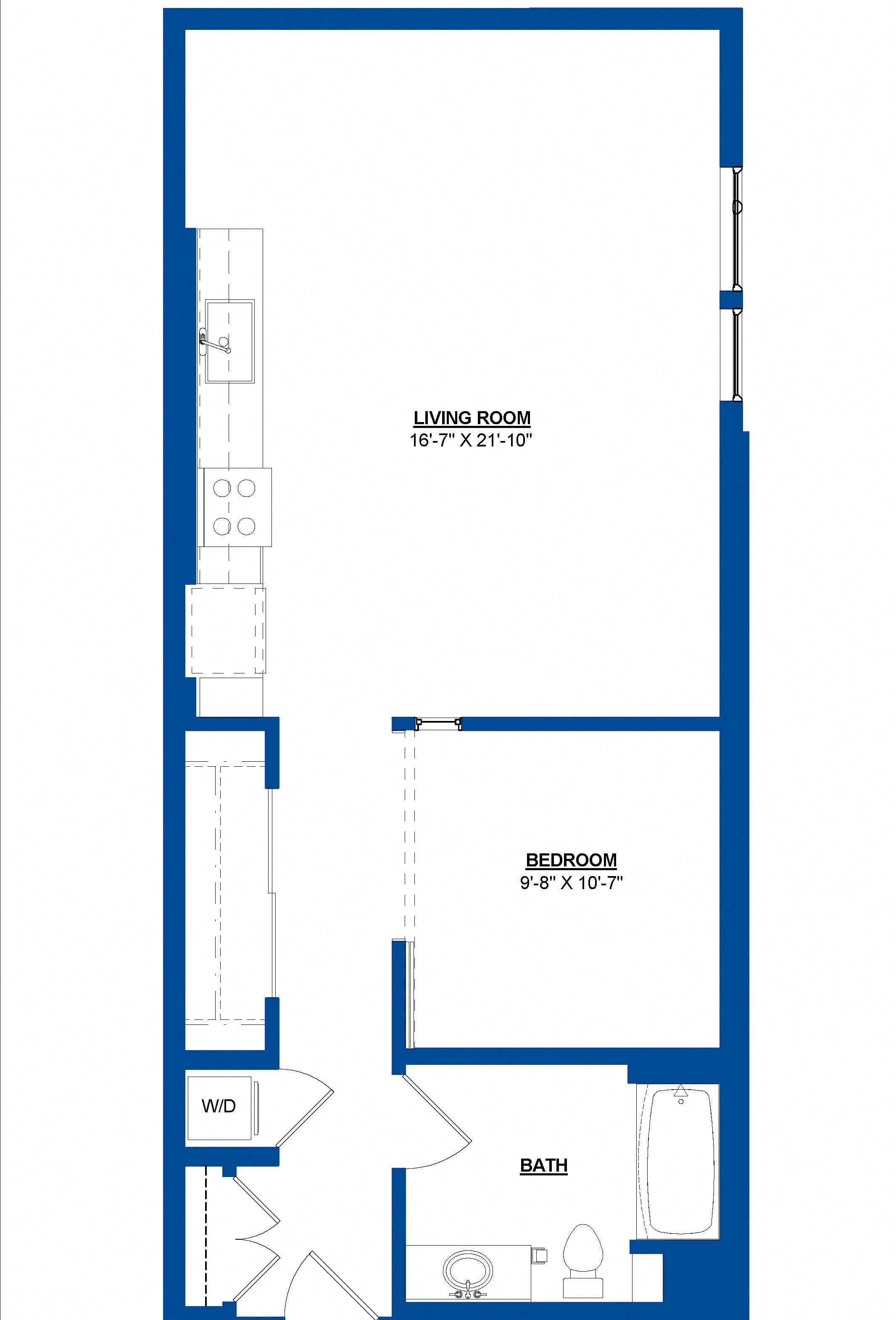 Floor plan for 1 bed, 1 bath, 764 sqft