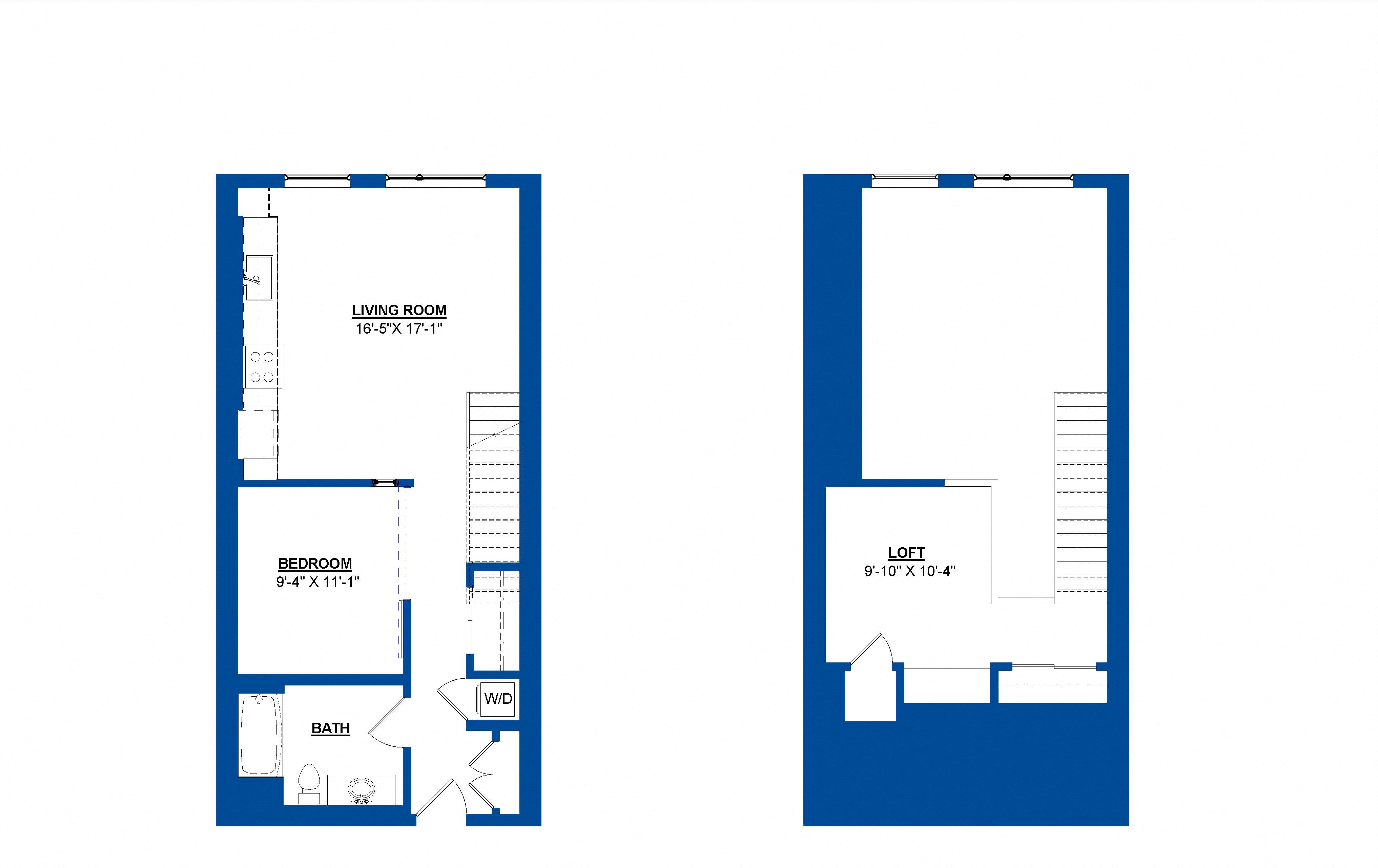 Floor plan for 1 bed, 1 bath, 852 sqft