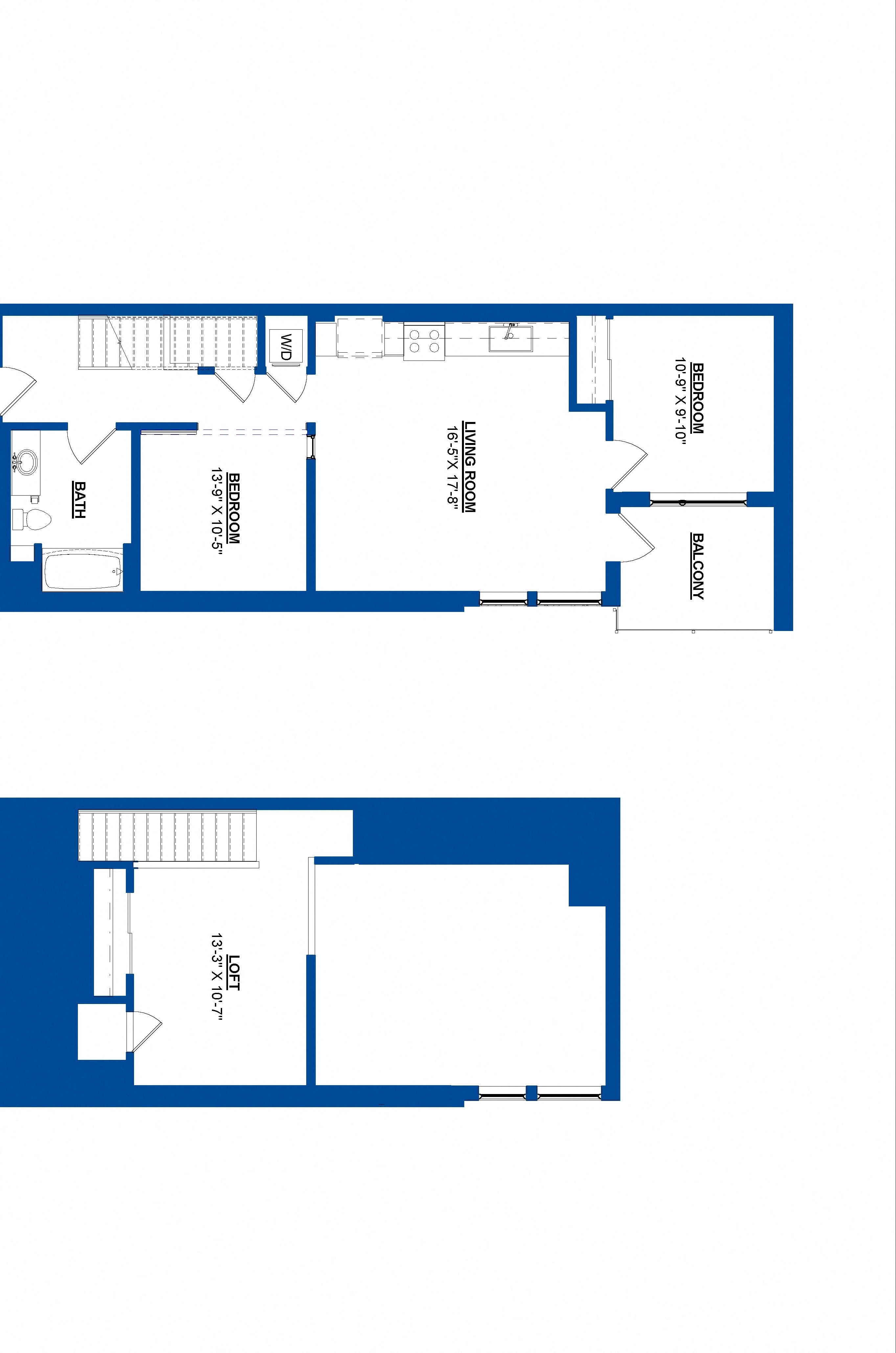 Floor plan for 2 beds, 1 bath, 1034 sqft