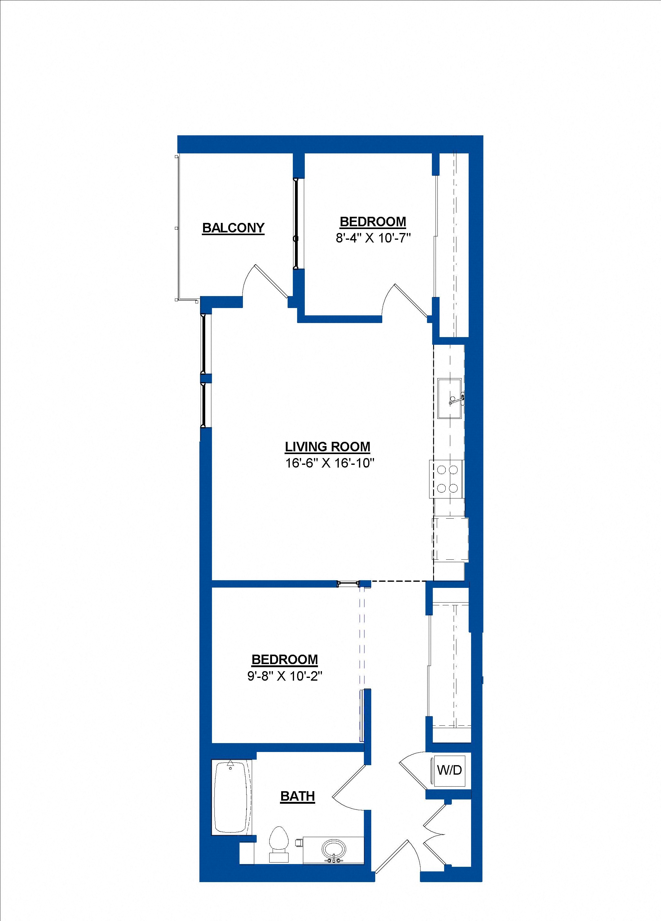 Floor plan for 2 beds, 1 bath, 809 sqft