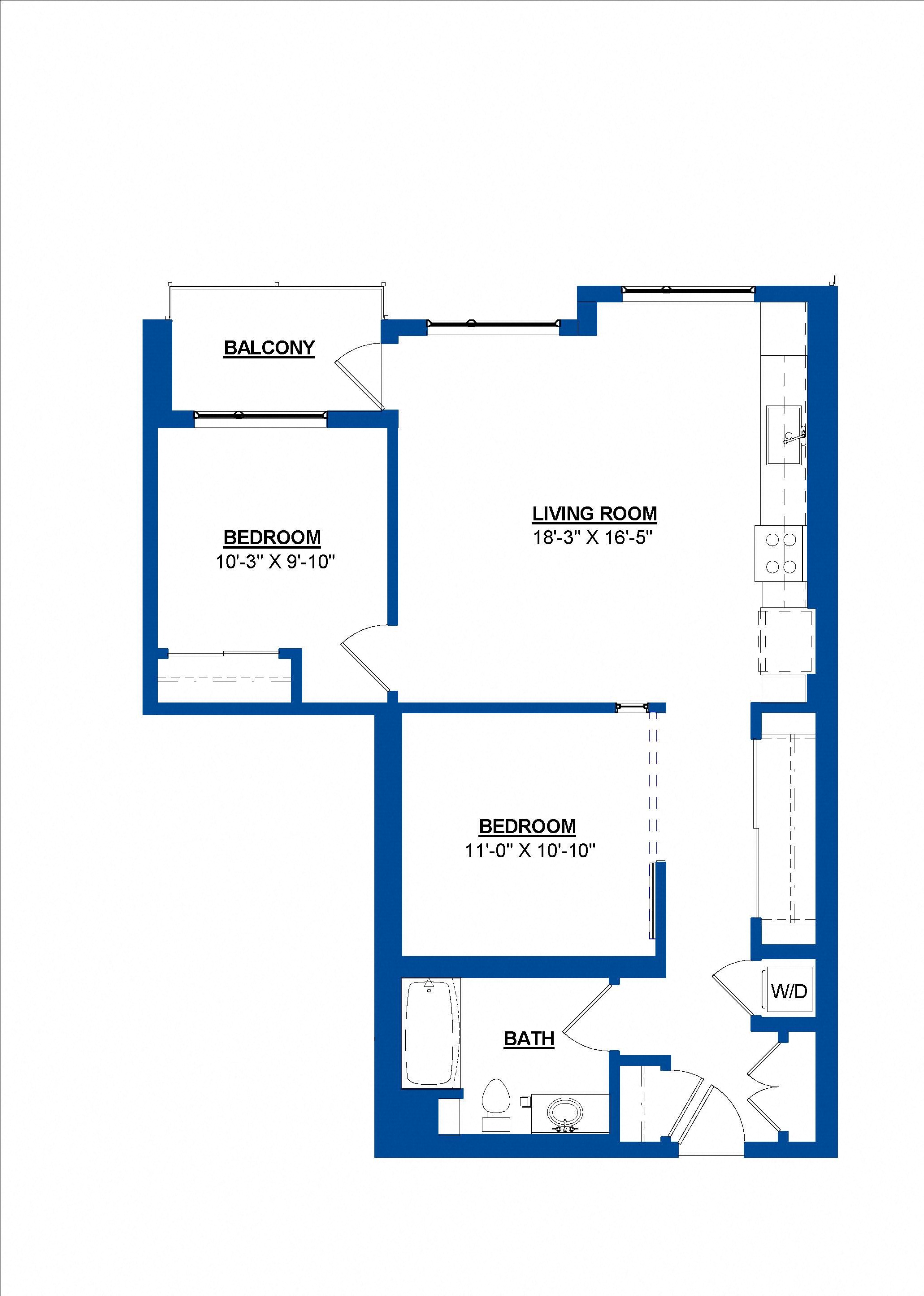 Floor plan for 2 beds, 1 bath, 903 sqft