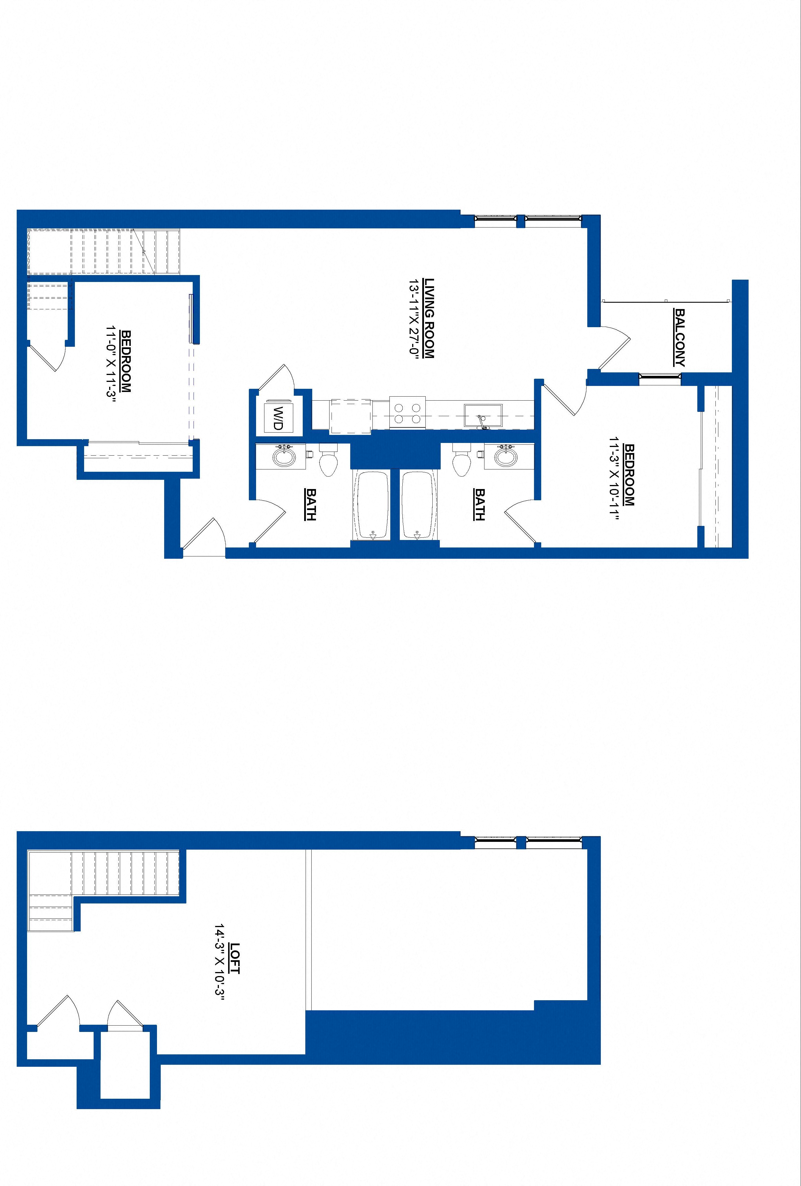 Floor plan for 2 beds, 2 baths, 1284 sqft