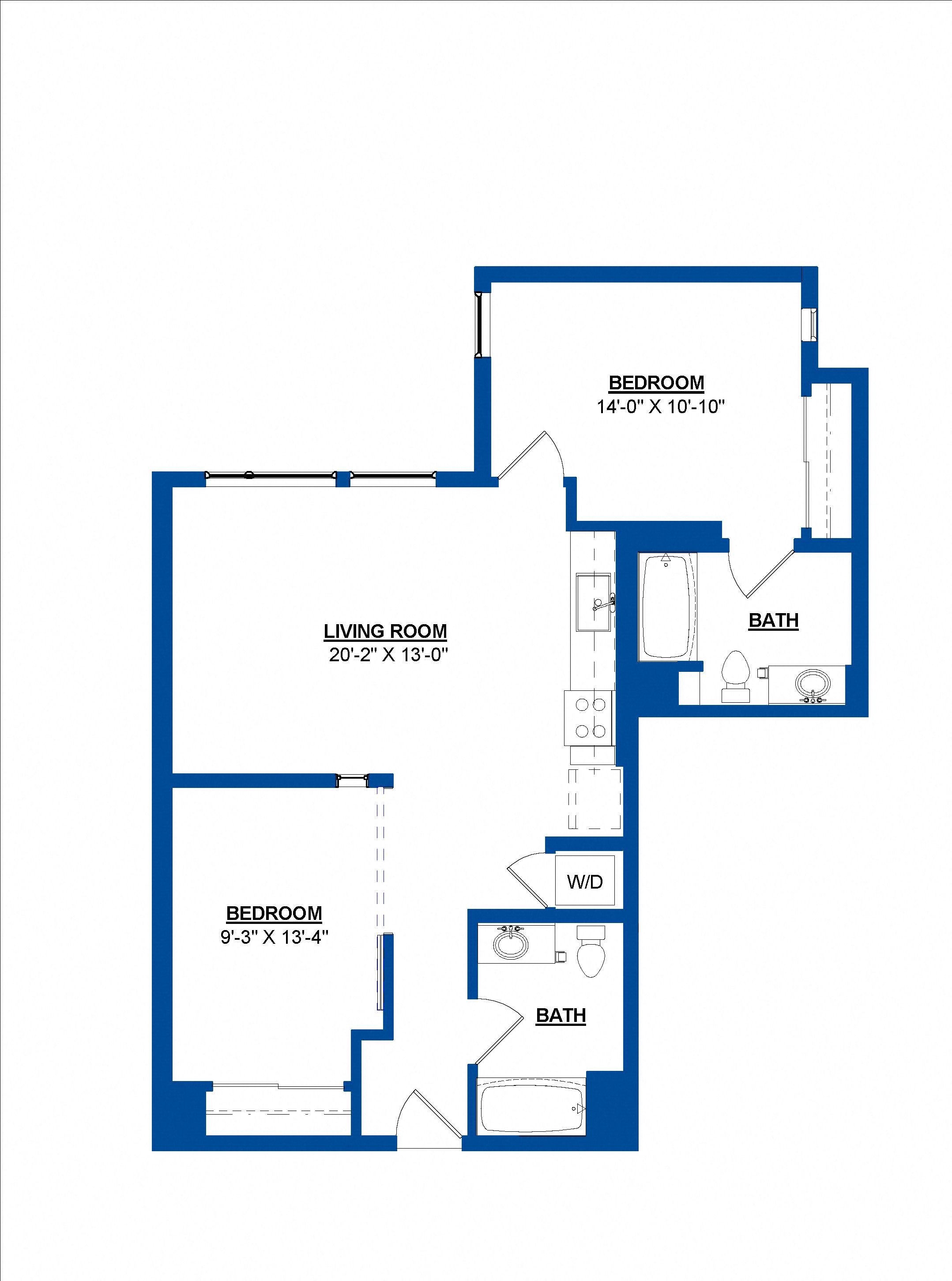 Floor plan for 2 beds, 2 baths, 925 sqft
