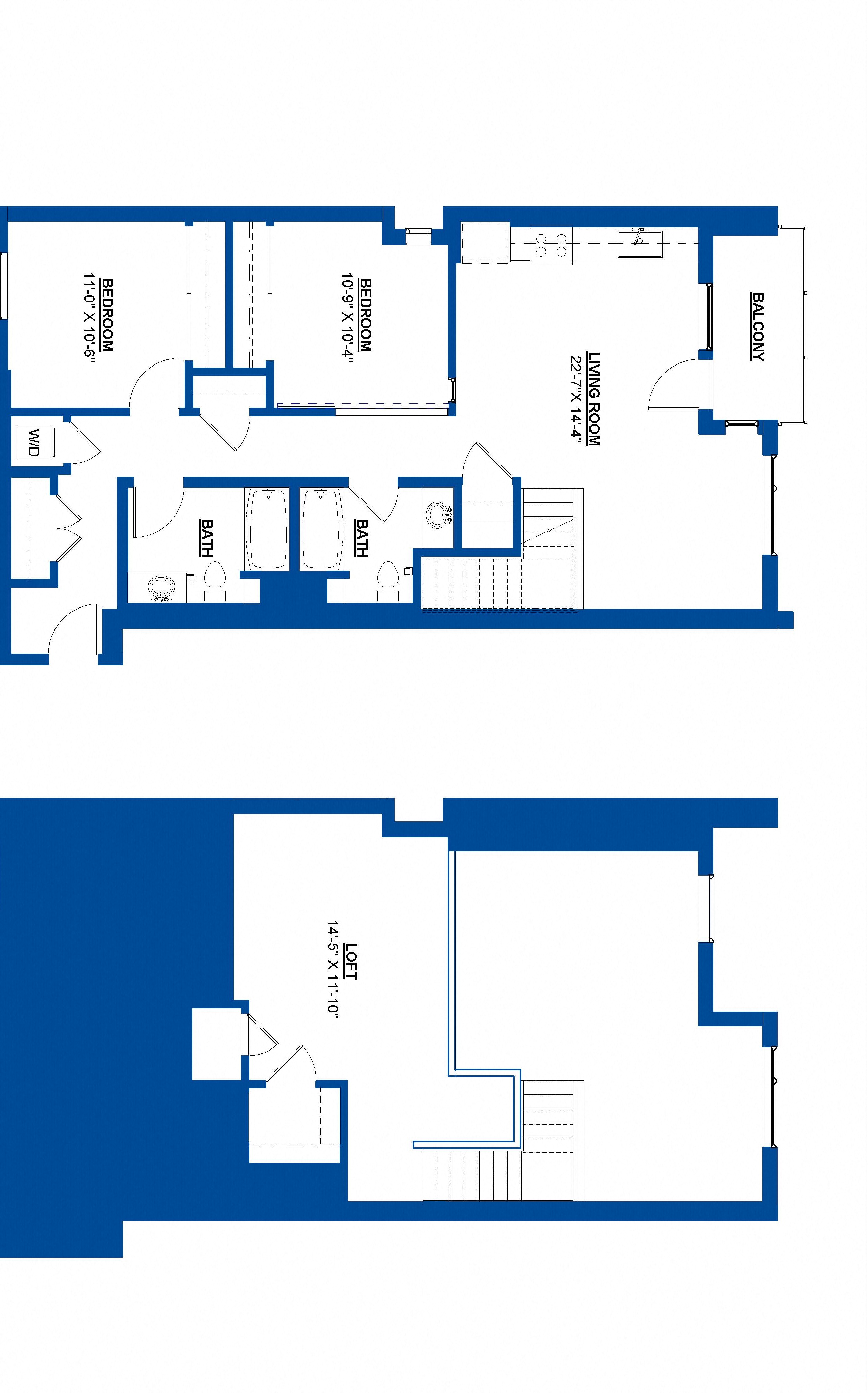 Floor plan for 2 beds, 2 baths, 1405 sqft