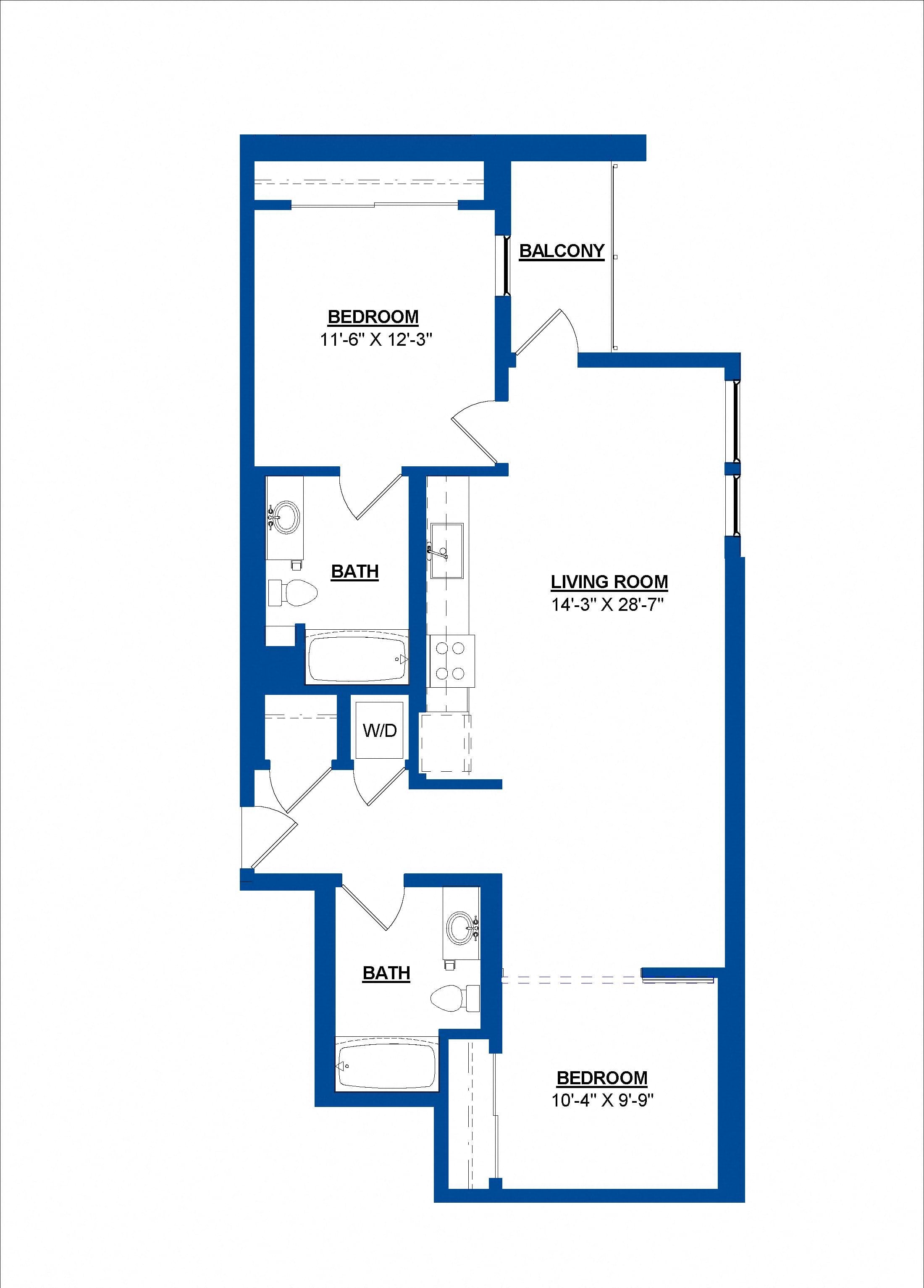 Floor plan for 2 beds, 2 baths, 996 sqft