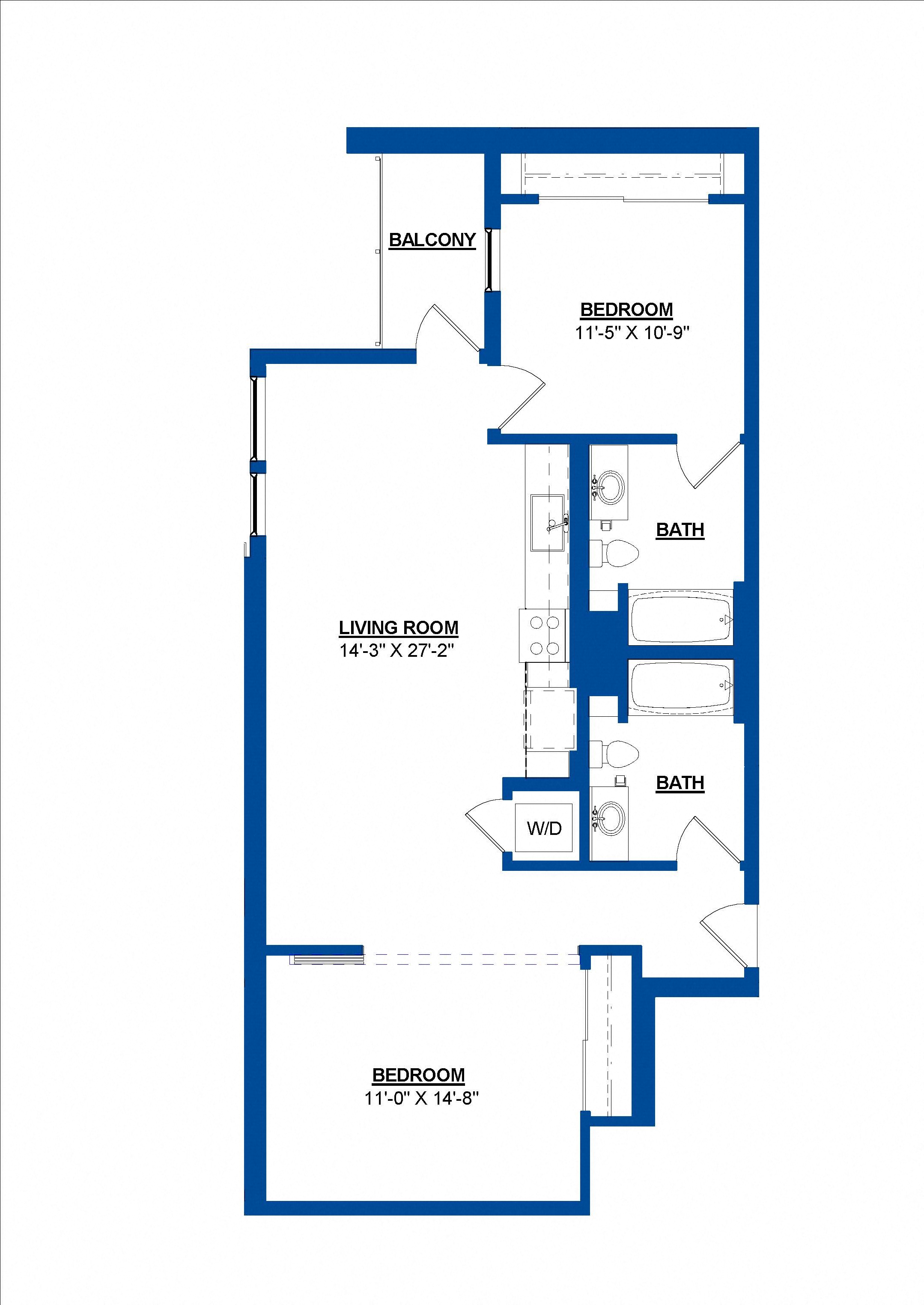Floor plan for 2 beds, 2 baths, 1007 sqft