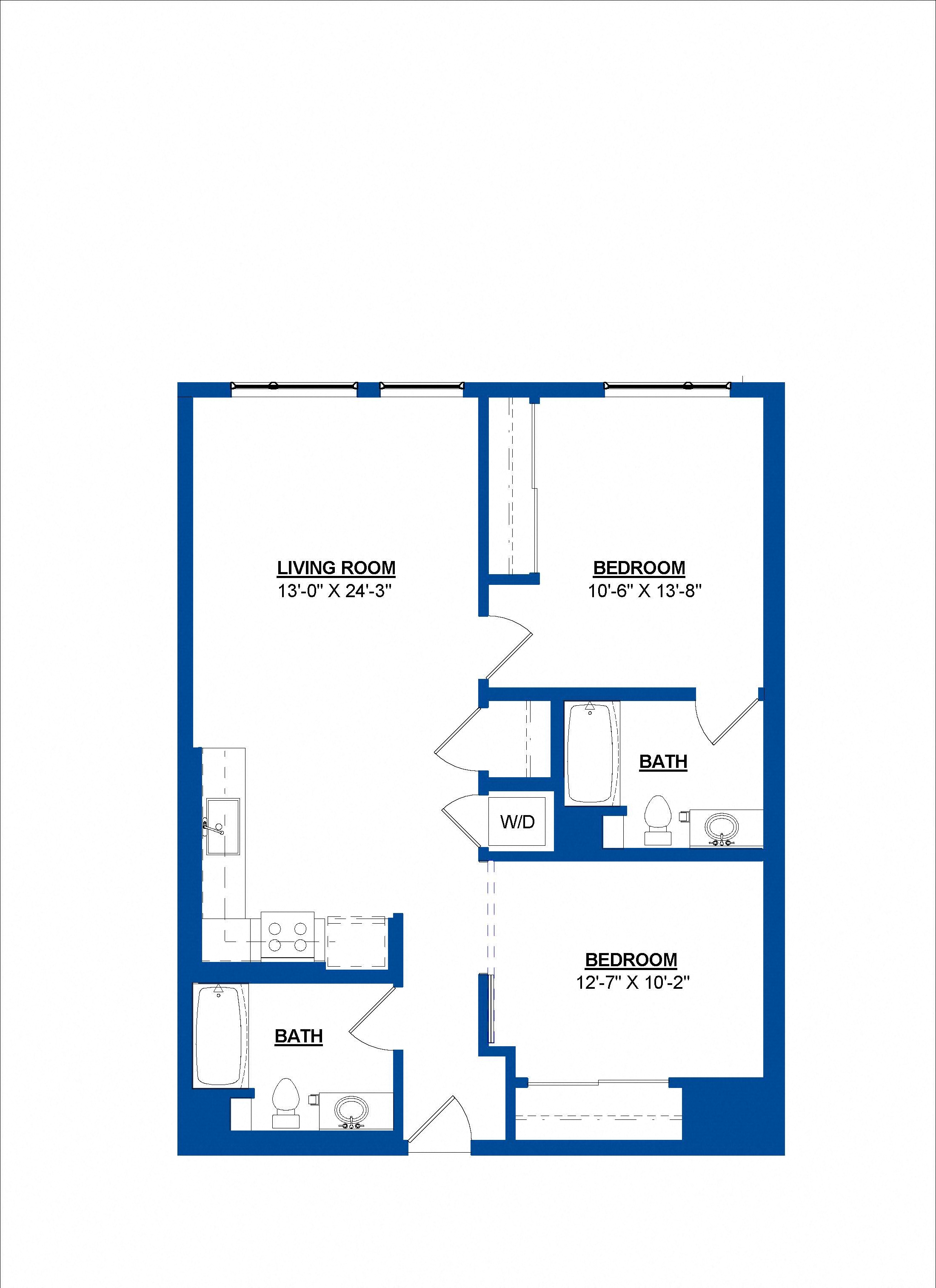 Floor plan for 2 beds, 2 baths, 1012 sqft