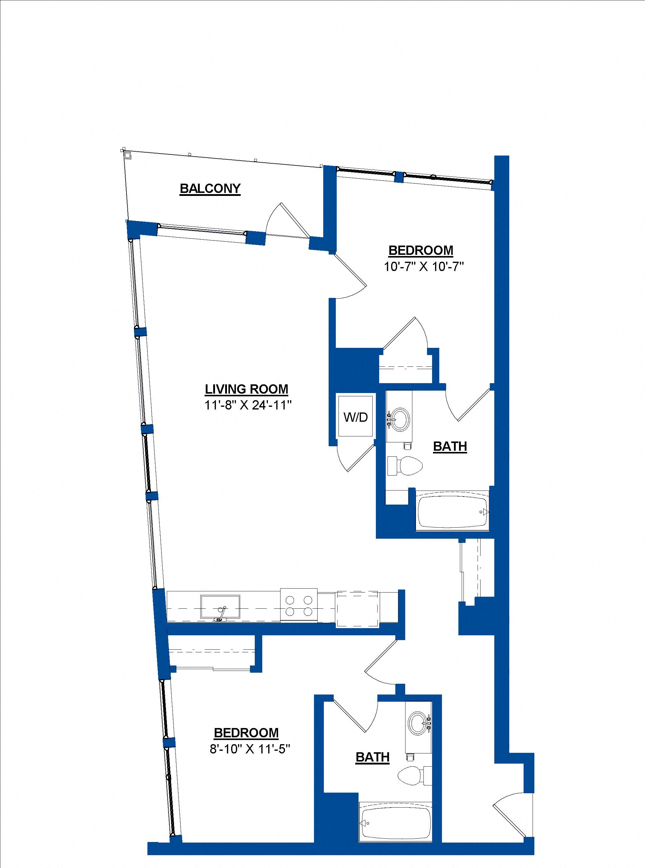 Floor plan for 2 beds, 2 baths, 933 sqft