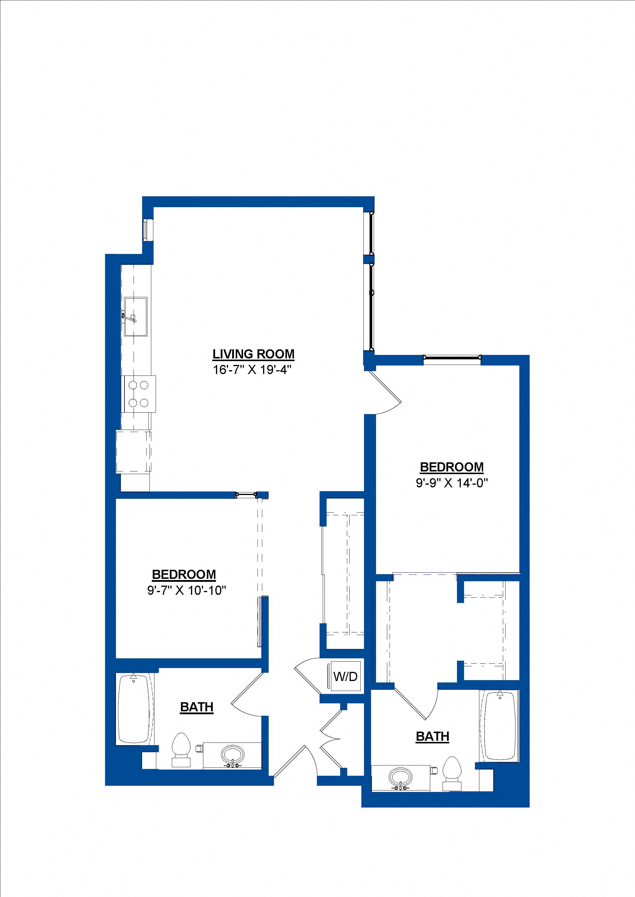 Floor plan for 2 beds, 2 baths, 1039 sqft