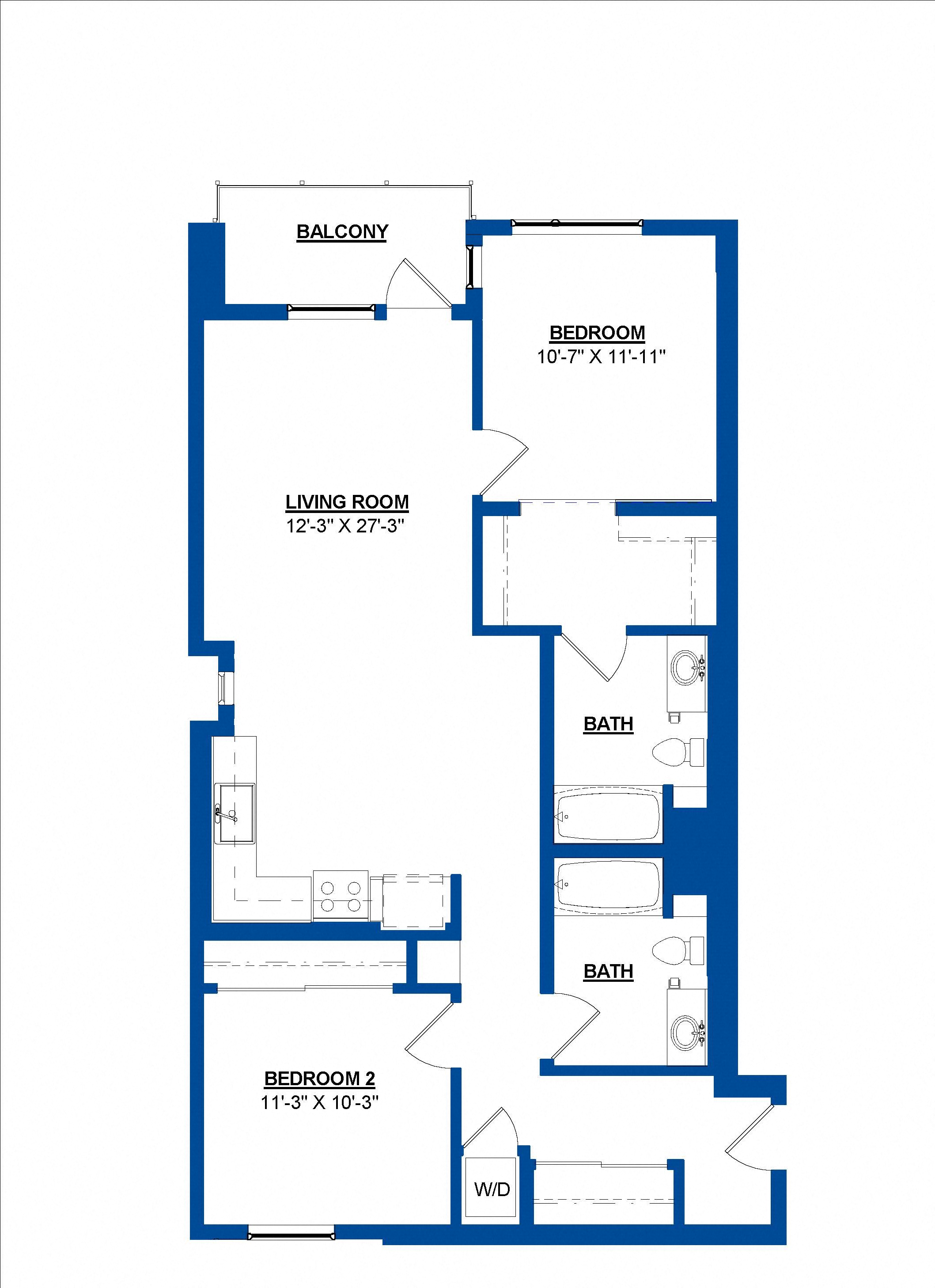 Floor plan for 2 beds, 2 baths, 1085 sqft