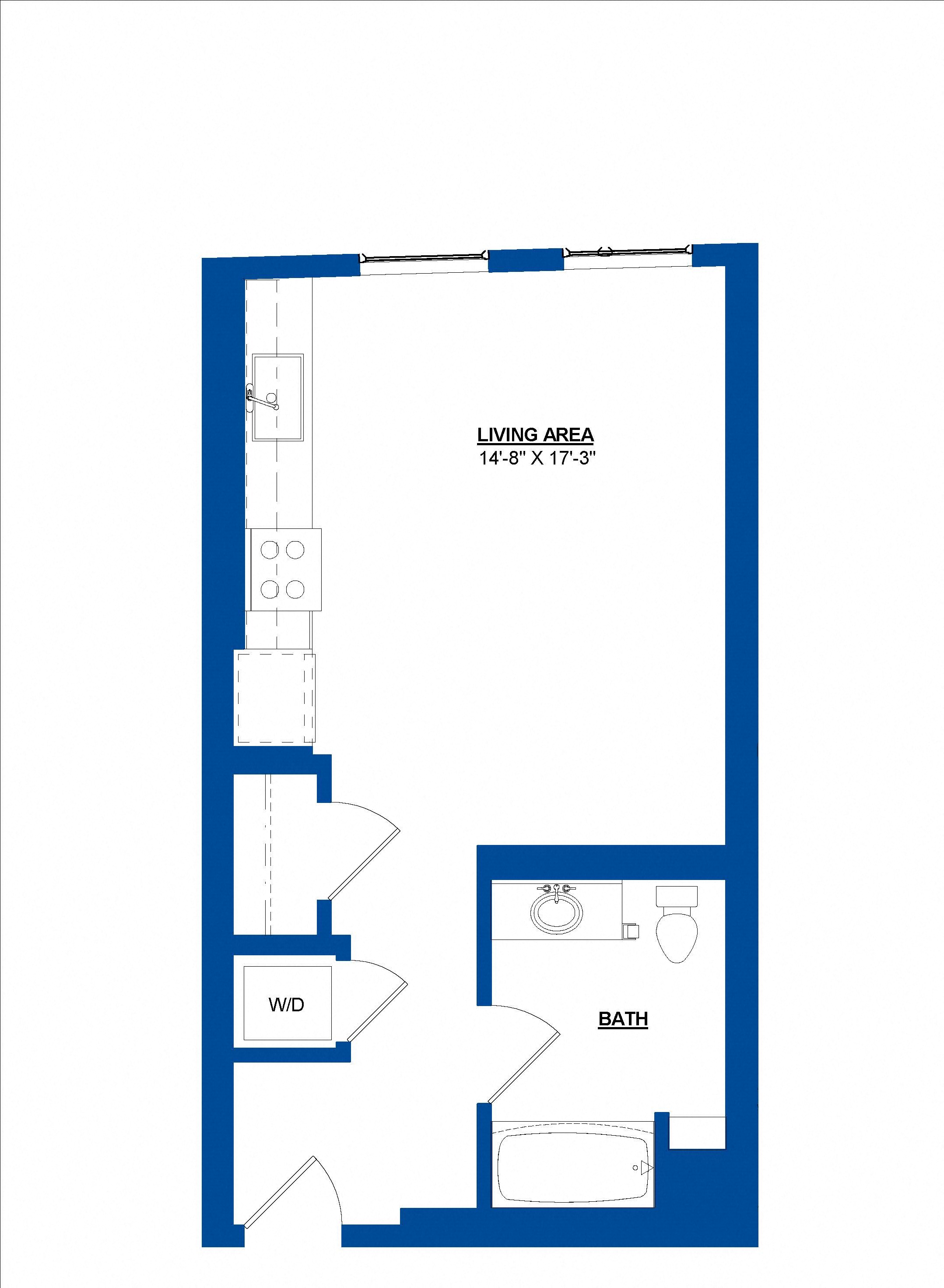 Floor plan for studio, 1 bath, 484 sqft
