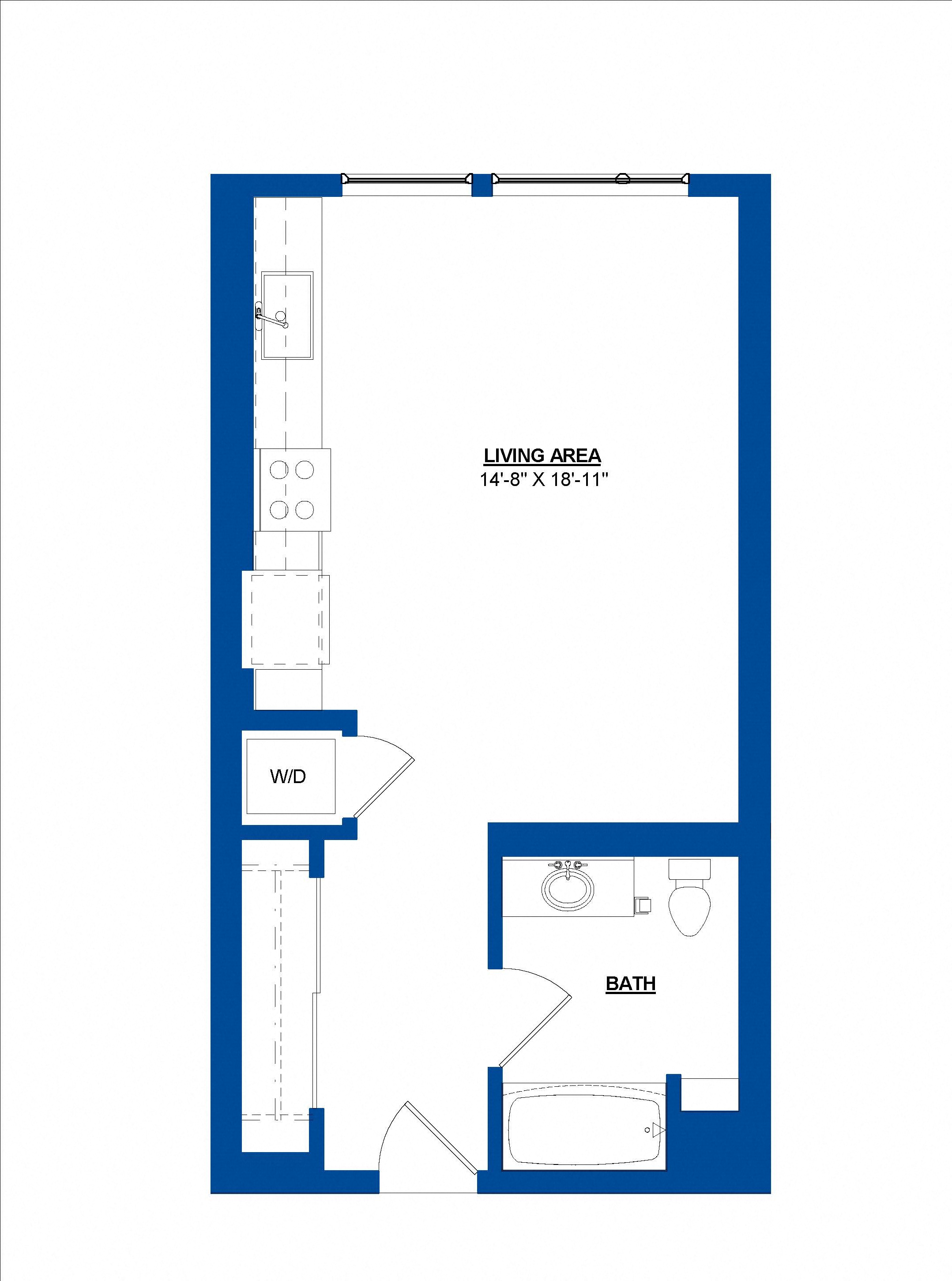 Floor plan for studio, 1 bath, 490 sqft