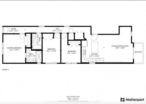 Floor plan for 3 beds, 2 baths, 1100 sqft