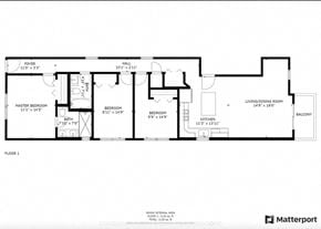 Chicago apartment for rent - A floor plan of a house with a living room, two bedrooms, a bathroom, a kitchen, and a balcony.