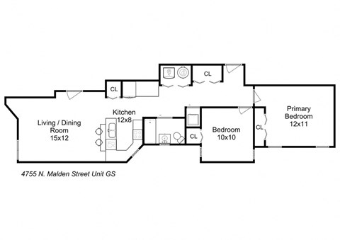 Floor plan for 2 beds, 1 bath, 800 sqft