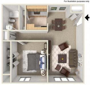 Floor plan for 1 bed, 1 bath, 750 sqft