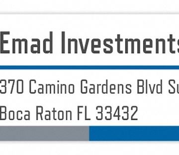 Palm Beach apartment for rent - A sign with the name Emad Investments and an address in Boca Raton, Florida.