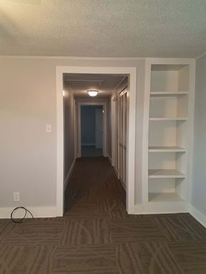 Hattiesburg house for rent - A hallway with a door at the end and a carpet on the floor.