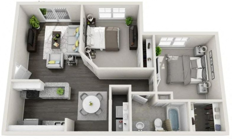 Floor plan for 2 beds, 1 bath, 825 sqft
