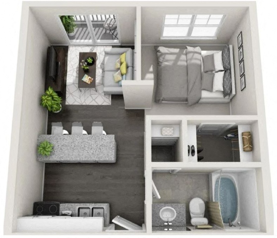 Floor plan for studio, 1 bath, 500 sqft