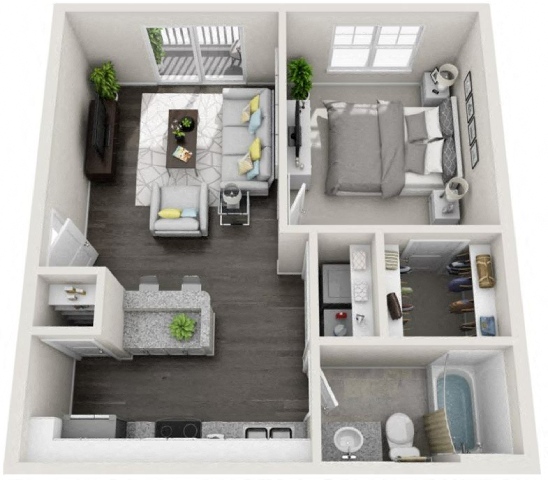 Floor plan for 1 bed, 1 bath, 616 sqft