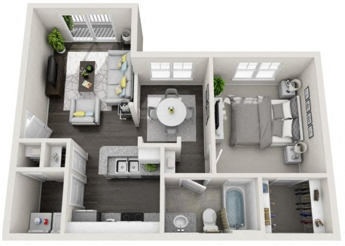Floor plan for 1 bed, 1 bath, 696 sqft