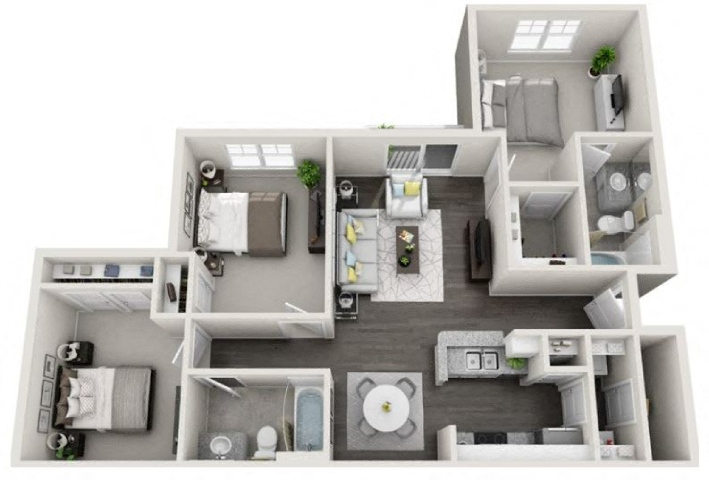 Floor plan for 3 beds, 2 baths, 1160 sqft
