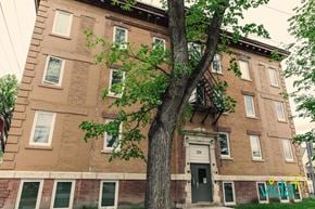 Winnipeg apartment for rent - A tree in front of a brick building with a door.