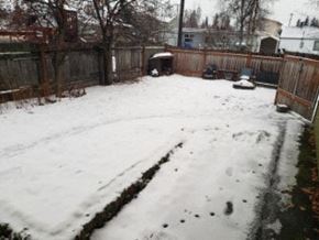 Anchorage house for rent - A snow-covered backyard with a wooden fence.
