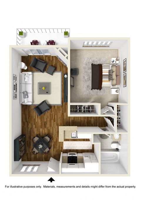 Floor plan for 1 bed, 1 bath, 675 sqft