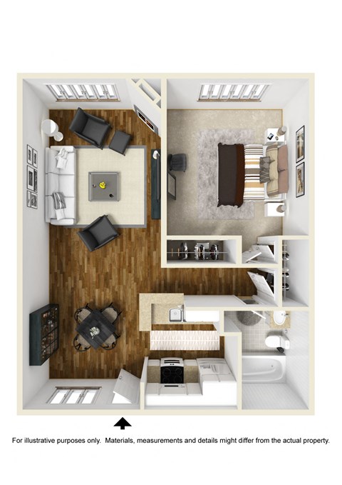 Floor plan for 1 bed, 1 bath, 700 sqft