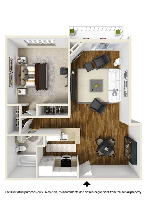 Floor plan for 1 bed, 1 bath, 710 sqft