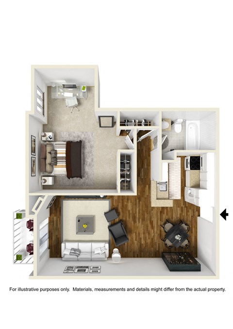 Floor plan for 1 bed, 1 bath, 740 sqft