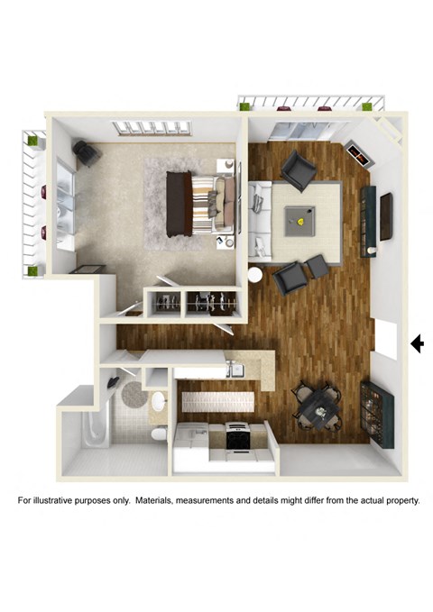 Floor plan for 1 bed, 1 bath, 745 sqft