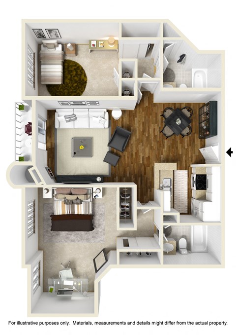 Floor plan for 2 beds, 2 baths, 980 sqft