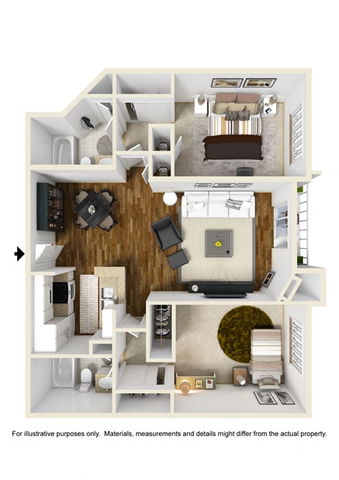 Floor plan for 2 beds, 2 baths, 945 sqft