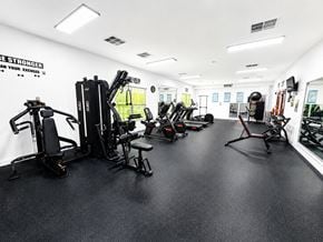 Hagerstown apartment for rent - A gym with a variety of equipment including a treadmill, a stationary bike, a rowing machine, a bench press, a squat rack, a leg press machine, a cable machine, a dumbbell