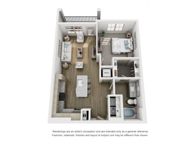 Floor plan for 1 bed, 1 bath, 757 sqft