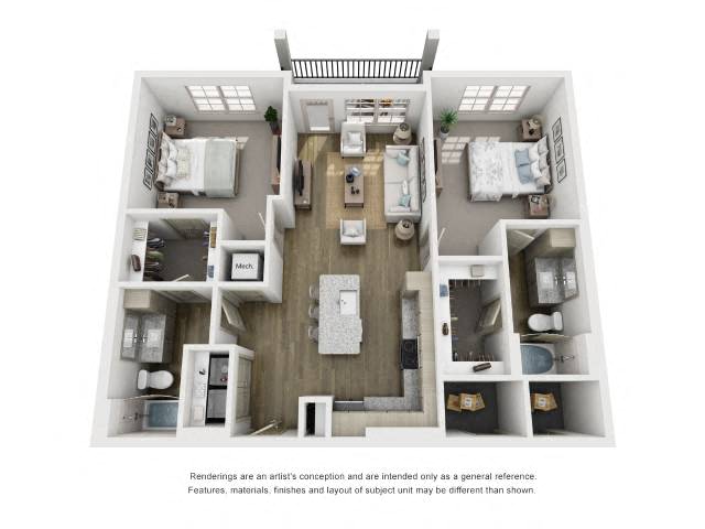 Floor plan for 2 beds, 2 baths, 1061 sqft