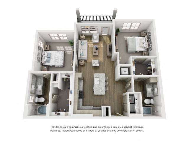 Floor plan for 2 beds, 2 baths, 1077 sqft