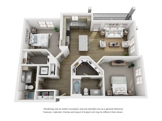 Floor plan for 2 beds, 2 baths, 1163 sqft