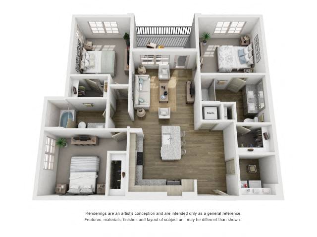 Floor plan for 3 beds, 2 baths, 1271 sqft