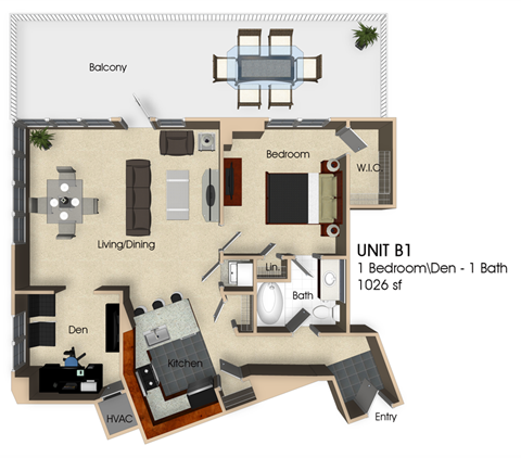 Floor plan for 1 bed, 1 bath, 1026 sqft